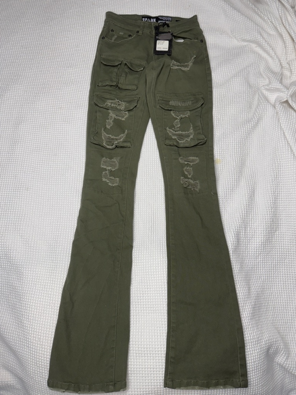SPARK Olive Green Distressed Cargo Flare Jeans 29/38
